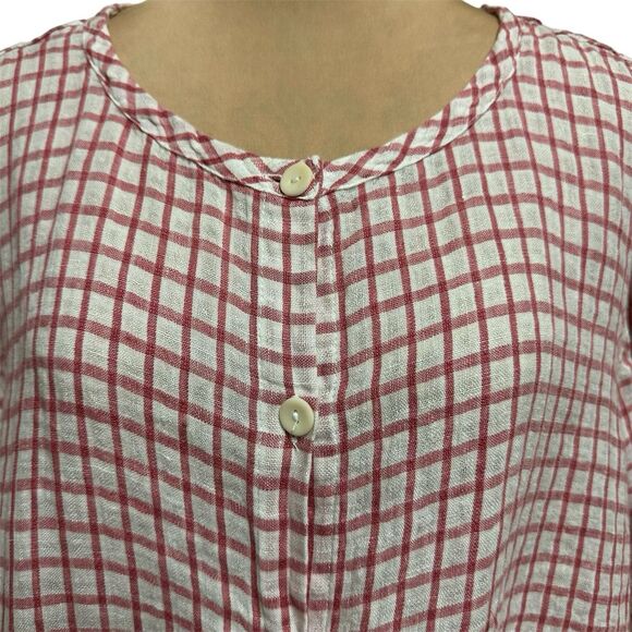 Flax Women's 100% Linen Button Front Plaid Tunic Top Lagenlook Size L White Red - Picture 5 of 14